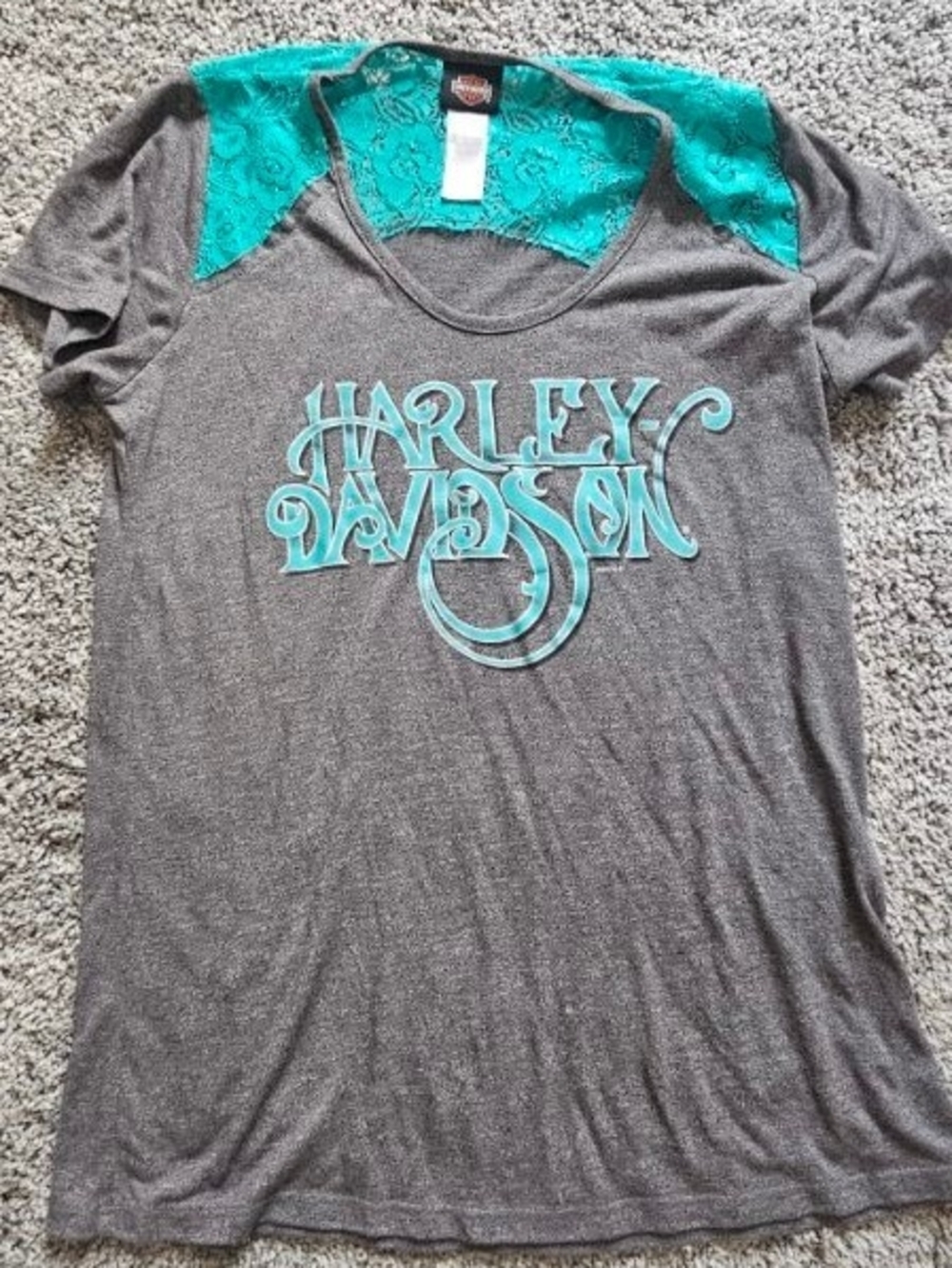 Harley-Davidson Gray Tee with Turquoise Lace Shoulders and Logo